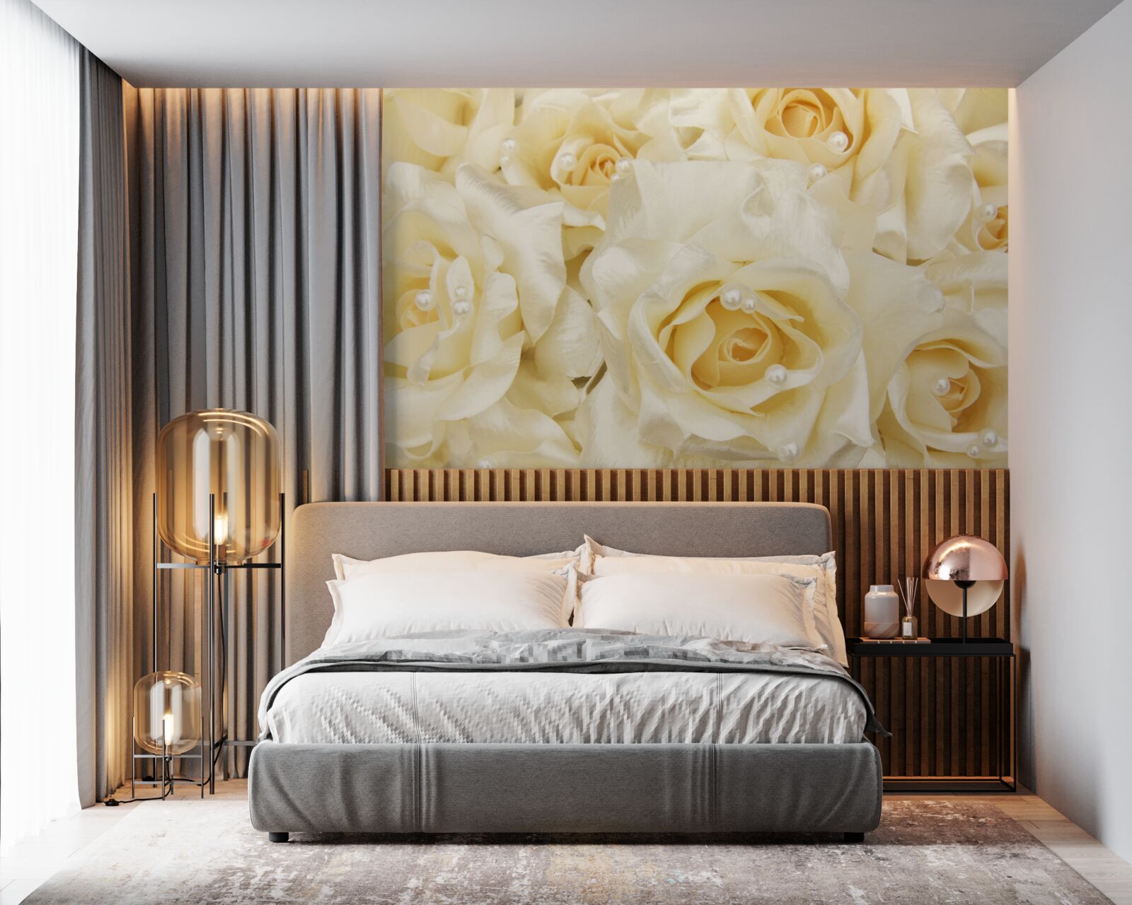 Fotobehang compositie van rozen met delicate witte bloemblaadjes en geel hart
