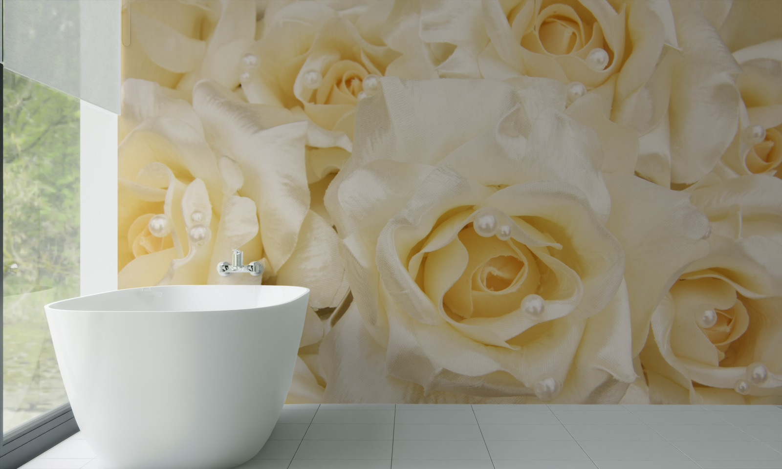 Fotobehang compositie van rozen met delicate witte bloemblaadjes en geel hart