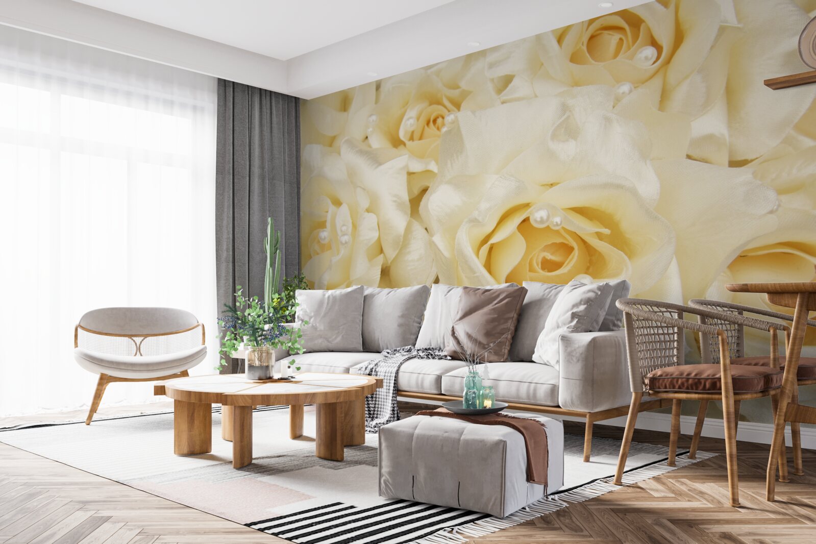 Fotobehang compositie van rozen met delicate witte bloemblaadjes en geel hart