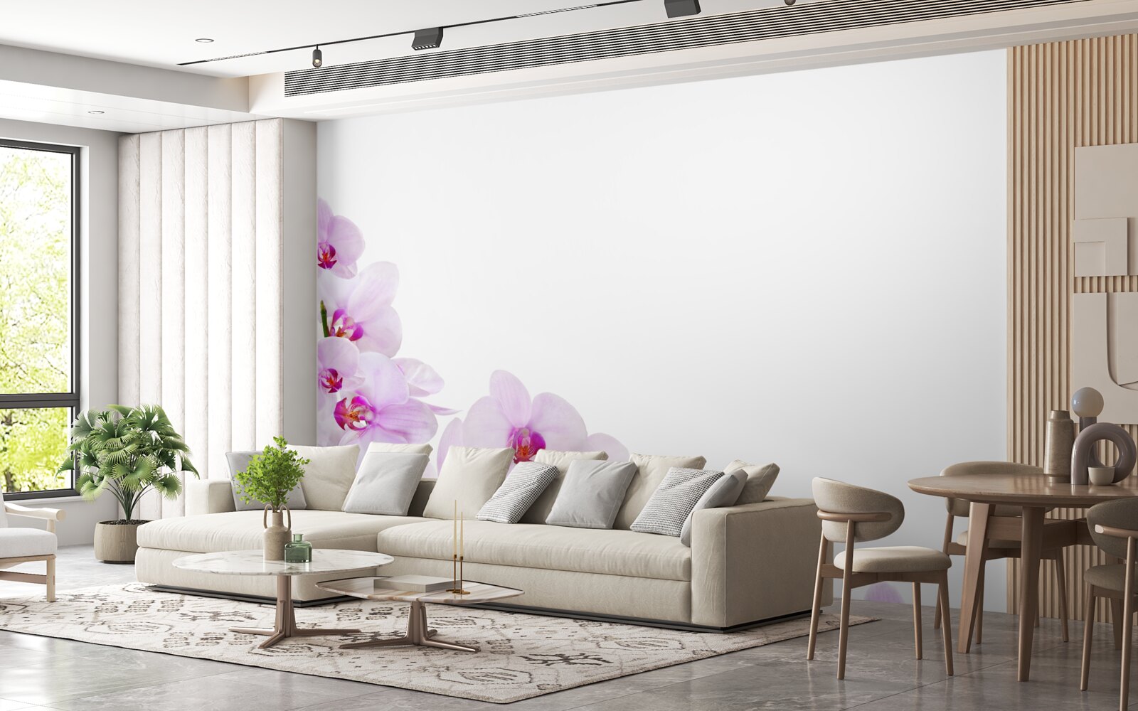 Fotobehang takken van een glanzende orchidee op een lichte achtergrond