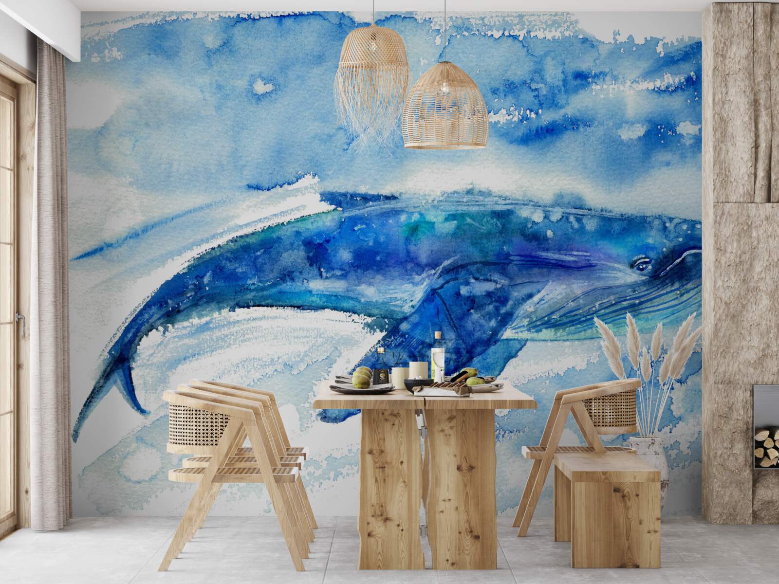 Fotobehang aquarel van een blauwe vinvis