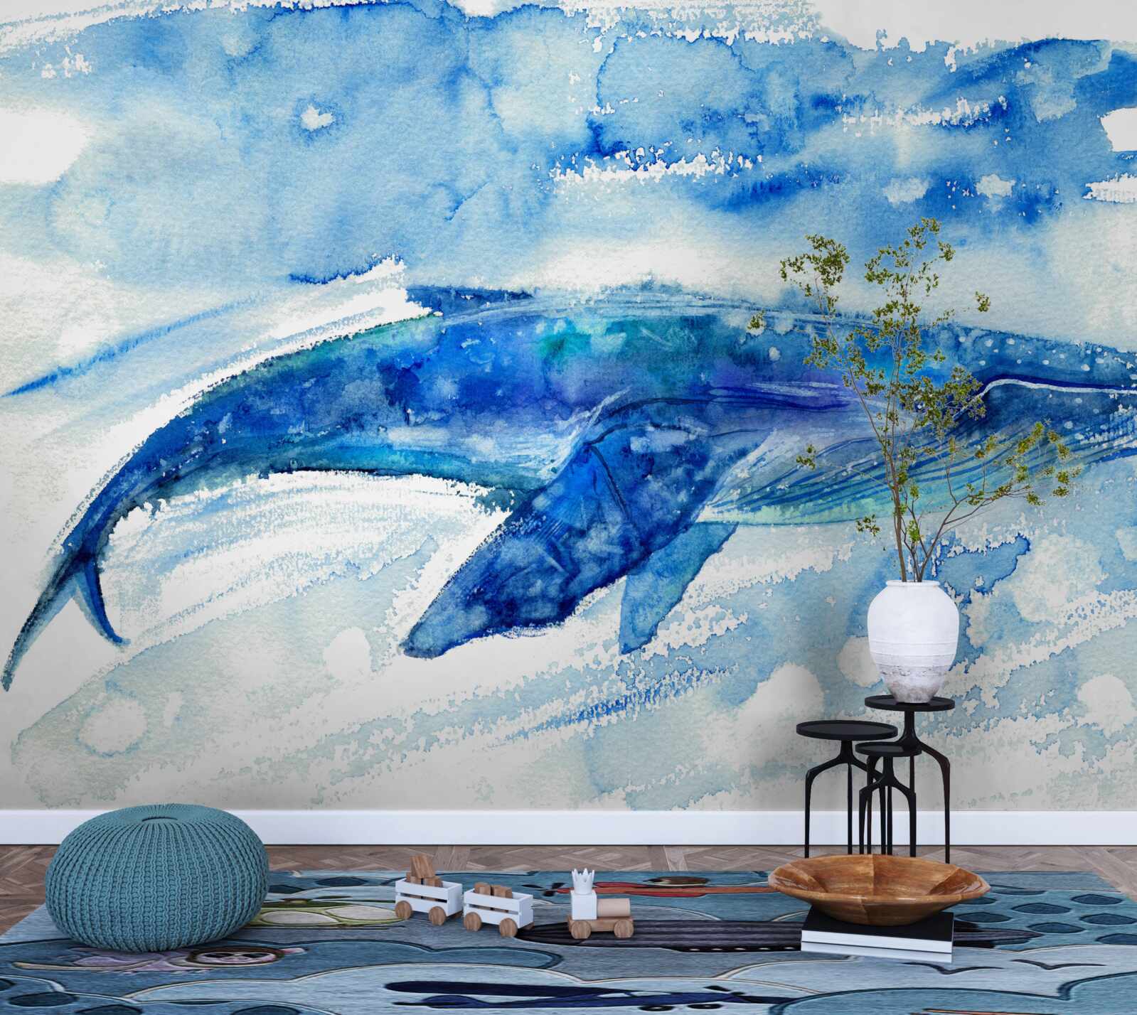 Fotobehang aquarel van een blauwe vinvis
