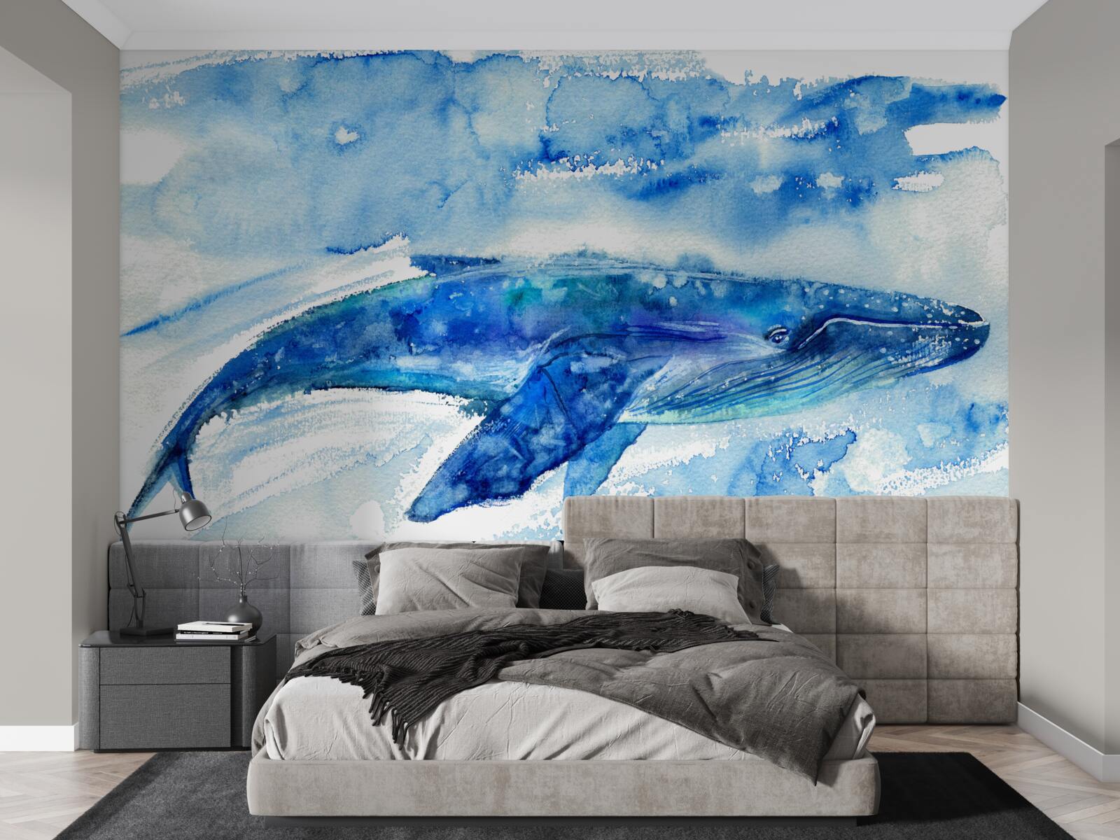 Fotobehang aquarel van een blauwe vinvis
