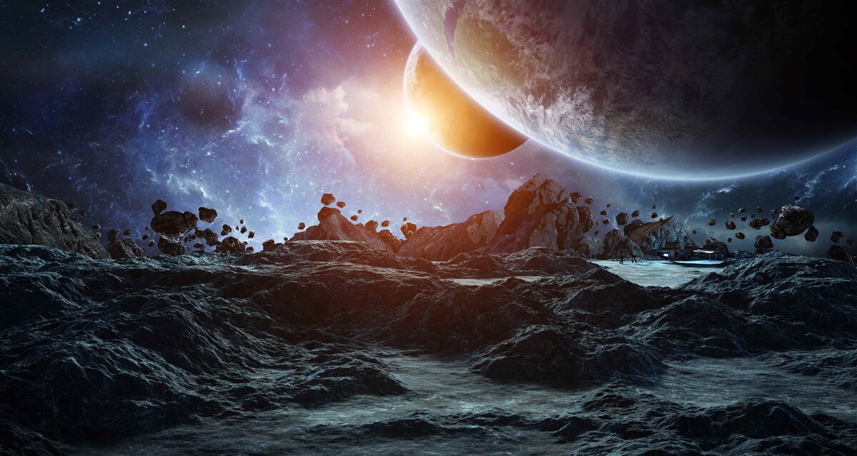 Fotobehang een toekomstige wereld met ruimteplaneten