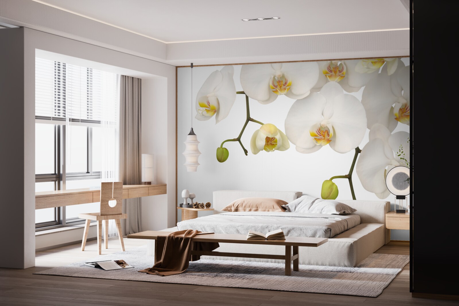 Fotobehang hangende orchideeën met witte bloemen
