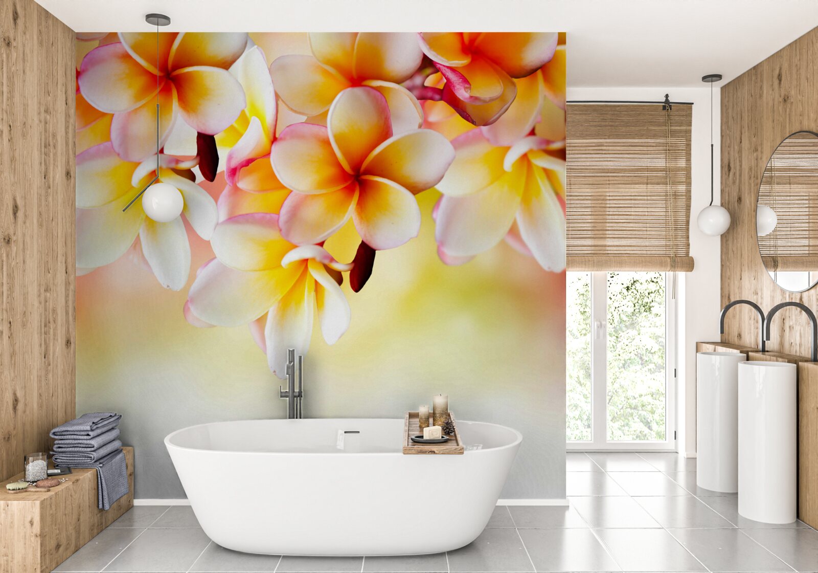Fotobehang witte en oranje bloemen hangen boven het wateroppervlak