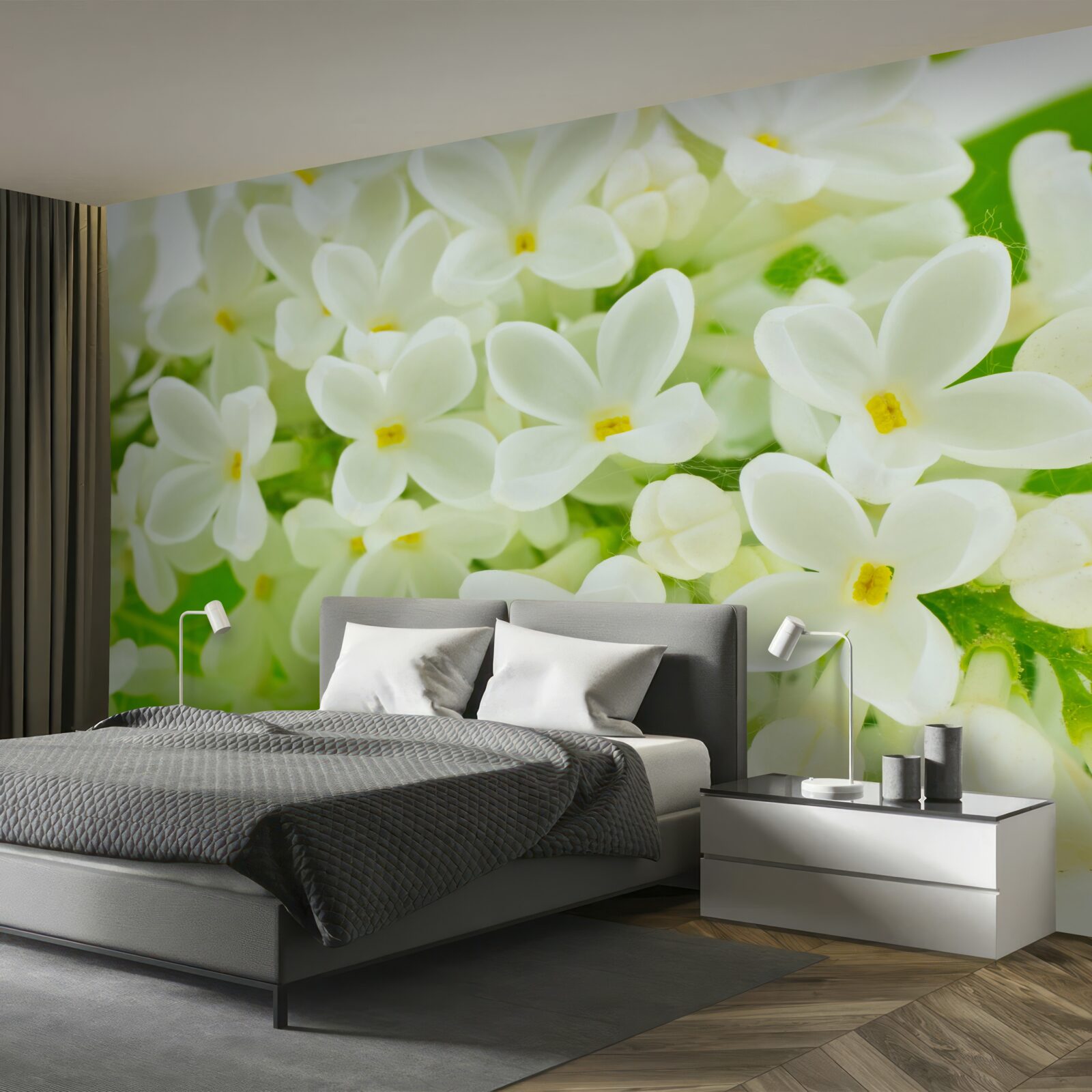 Fotobehang sneeuwwitte bloemen die de boom overvloedig bedekken