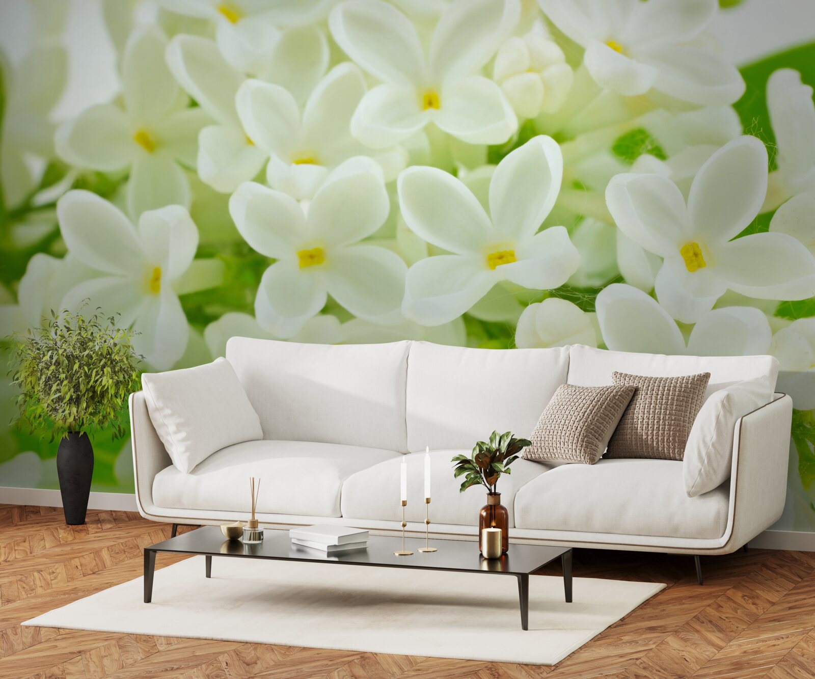 Fotobehang sneeuwwitte bloemen die de boom overvloedig bedekken