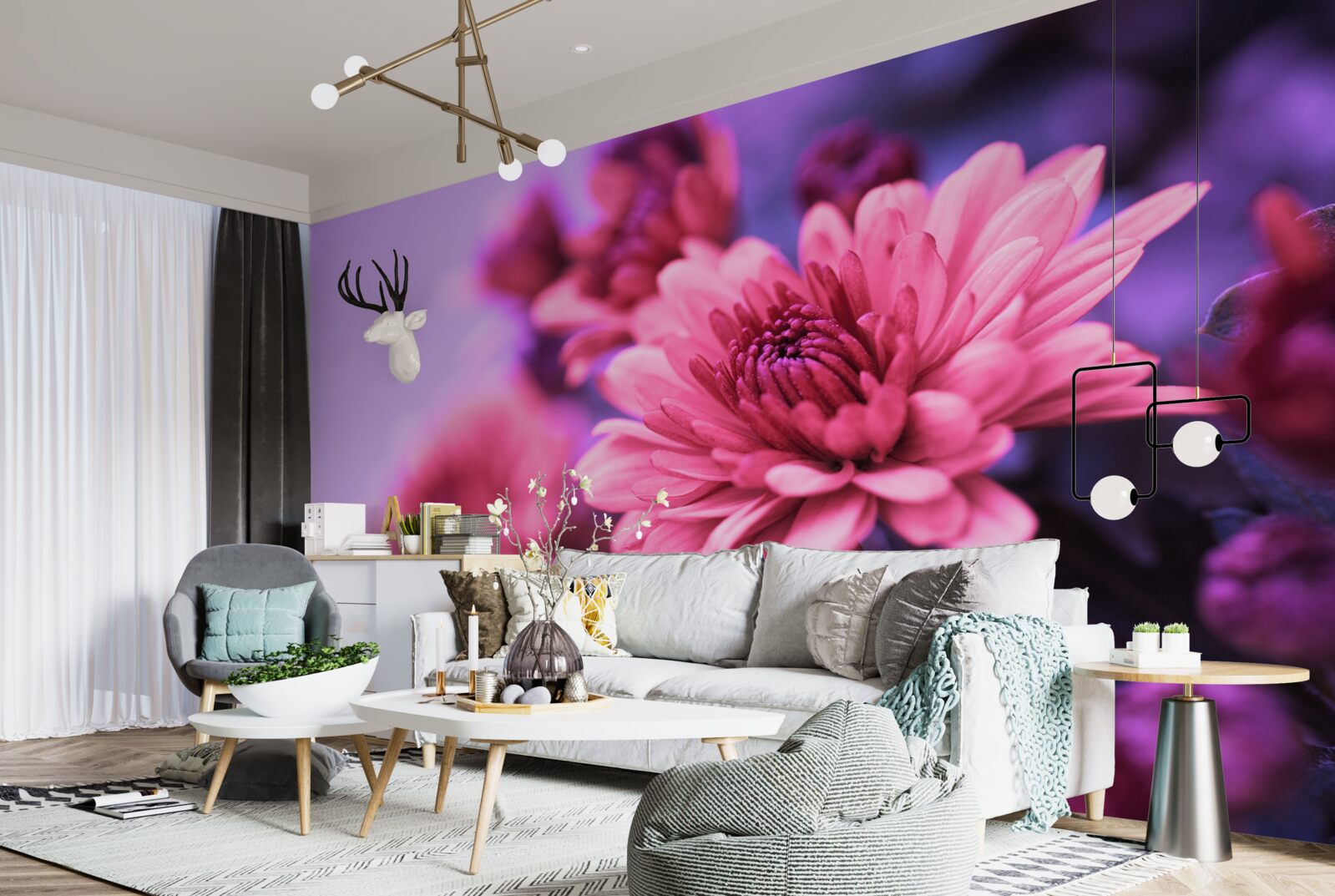 Fotobehang roze asters bloeien in de ochtend