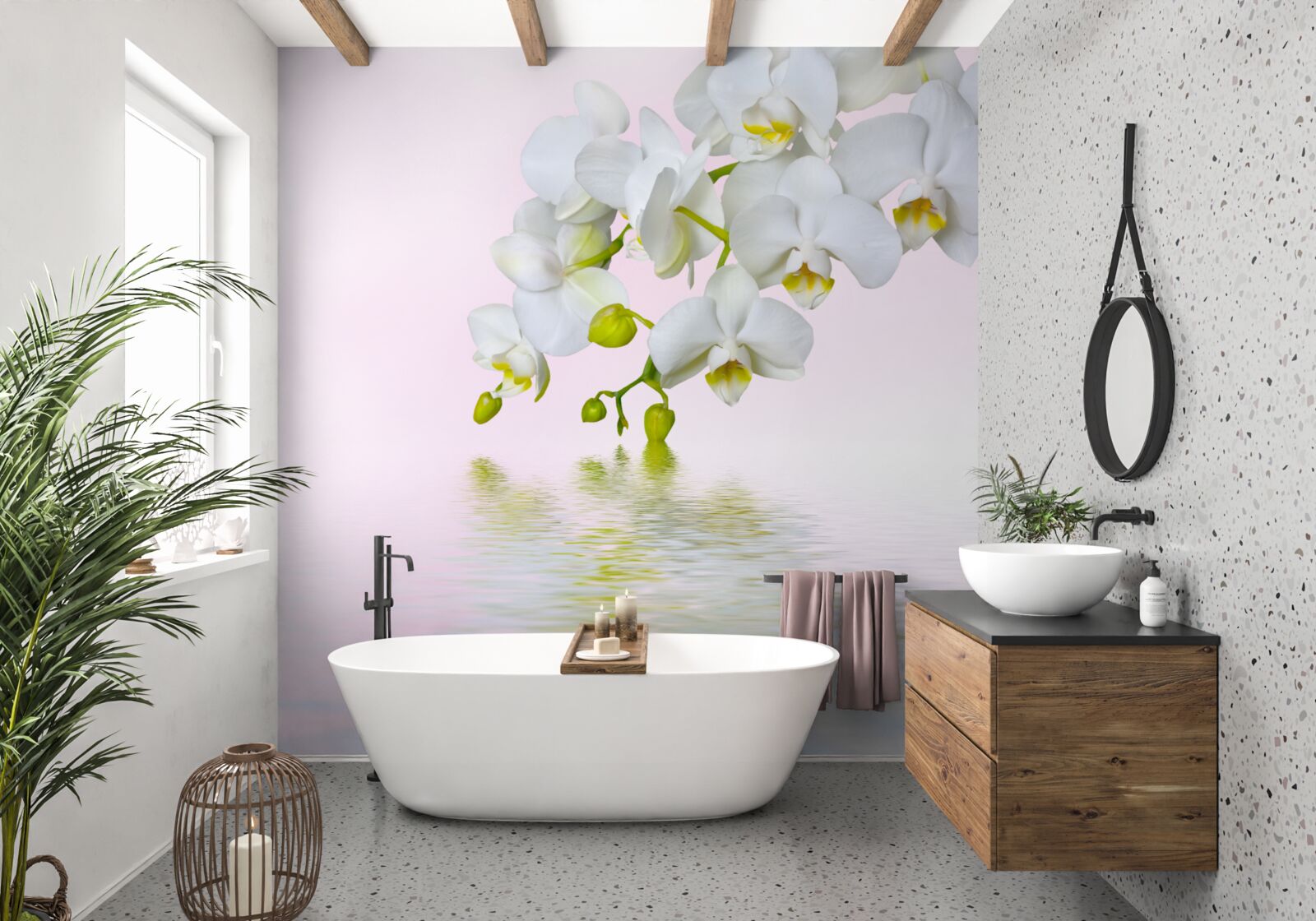 Fotobehang witte orchidee met bloemen en knoppen bij water