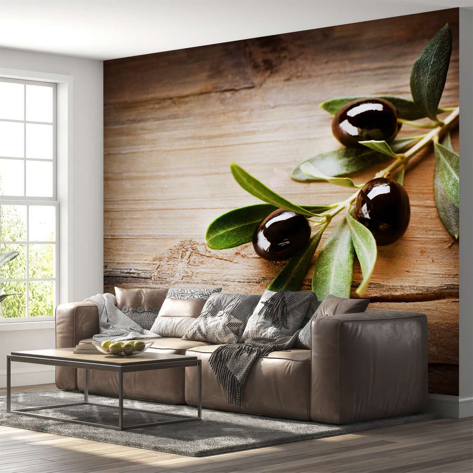 Fotobehang takken versierd met zwarte olijven en groene bladeren