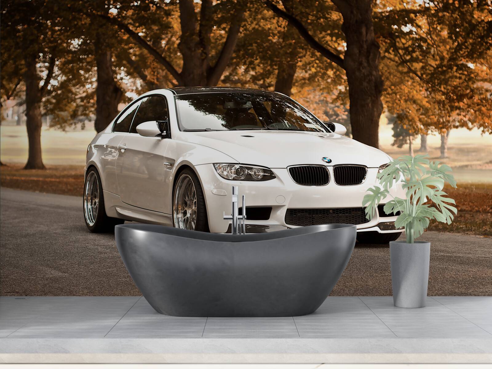 Fotobehang een witte bmw rijdt over de weg in de herfst
