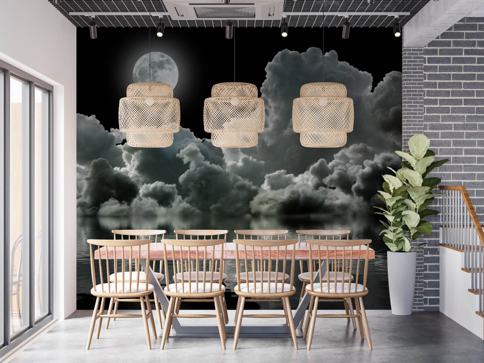 Fotobehang de maan in haar volle schittering weerspiegelt in het water tussen de wolken