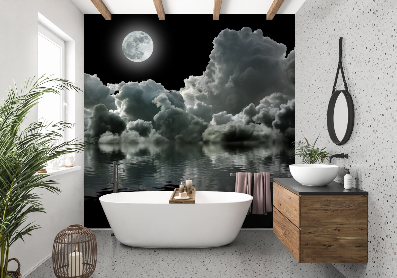 Fotobehang de maan in haar volle schittering weerspiegelt in het water tussen de wolken