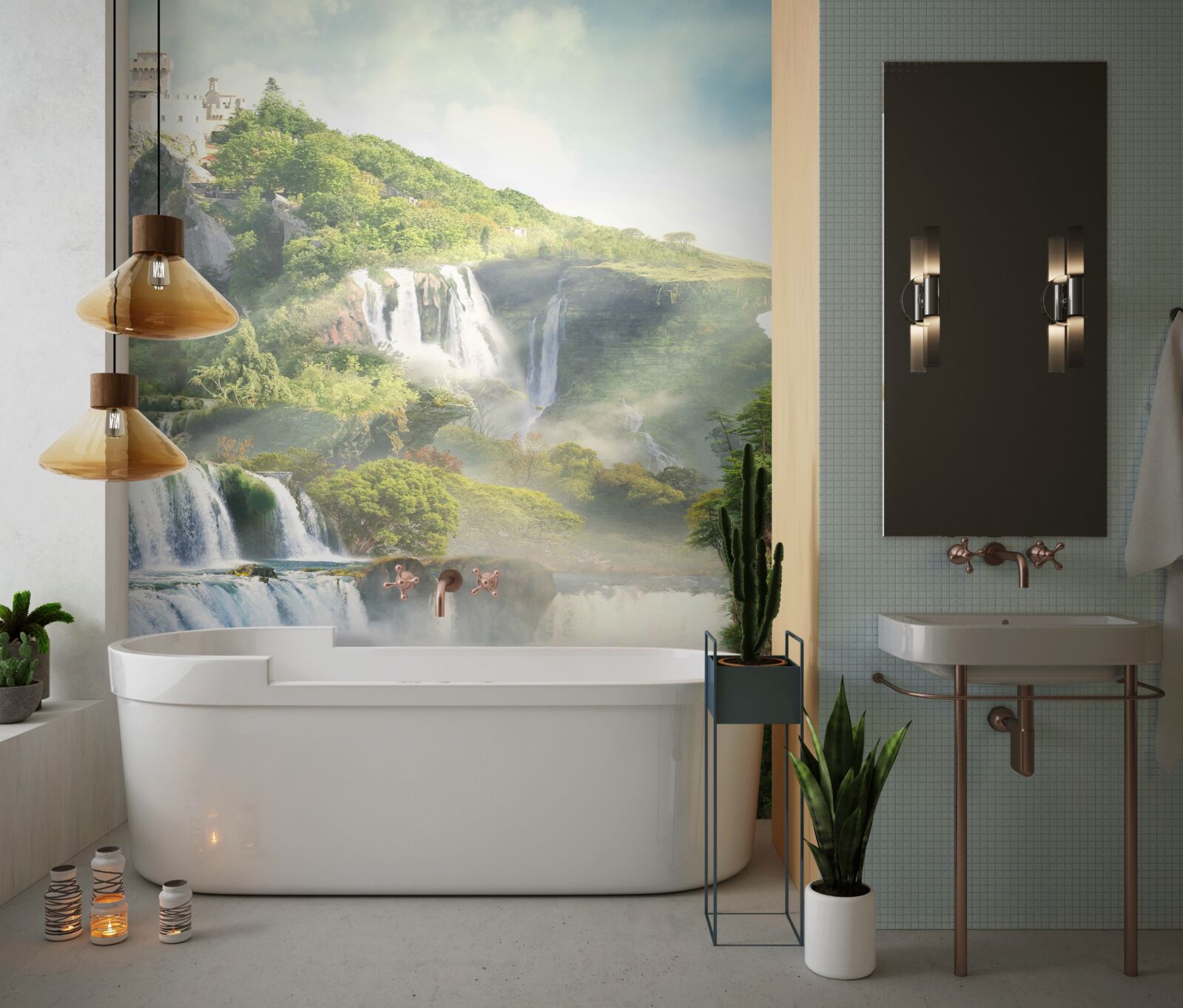 Fotobehang vele hoge watervallen