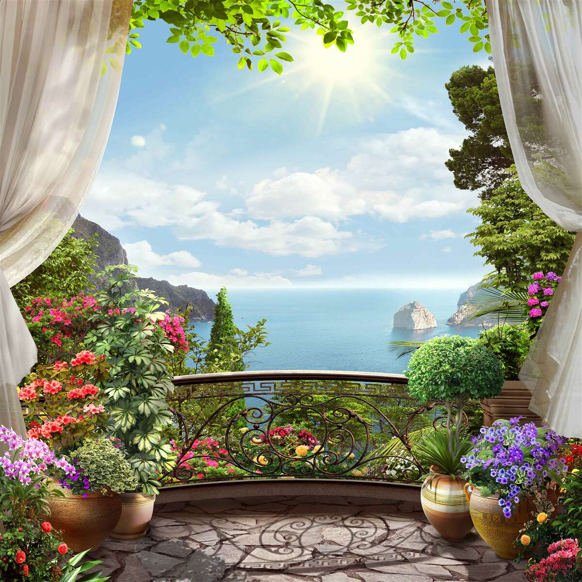 Fotobehang vanaf het balkon kun je de oceaan zien die zich uitstrekt tot aan de horizon en de steile kliffen