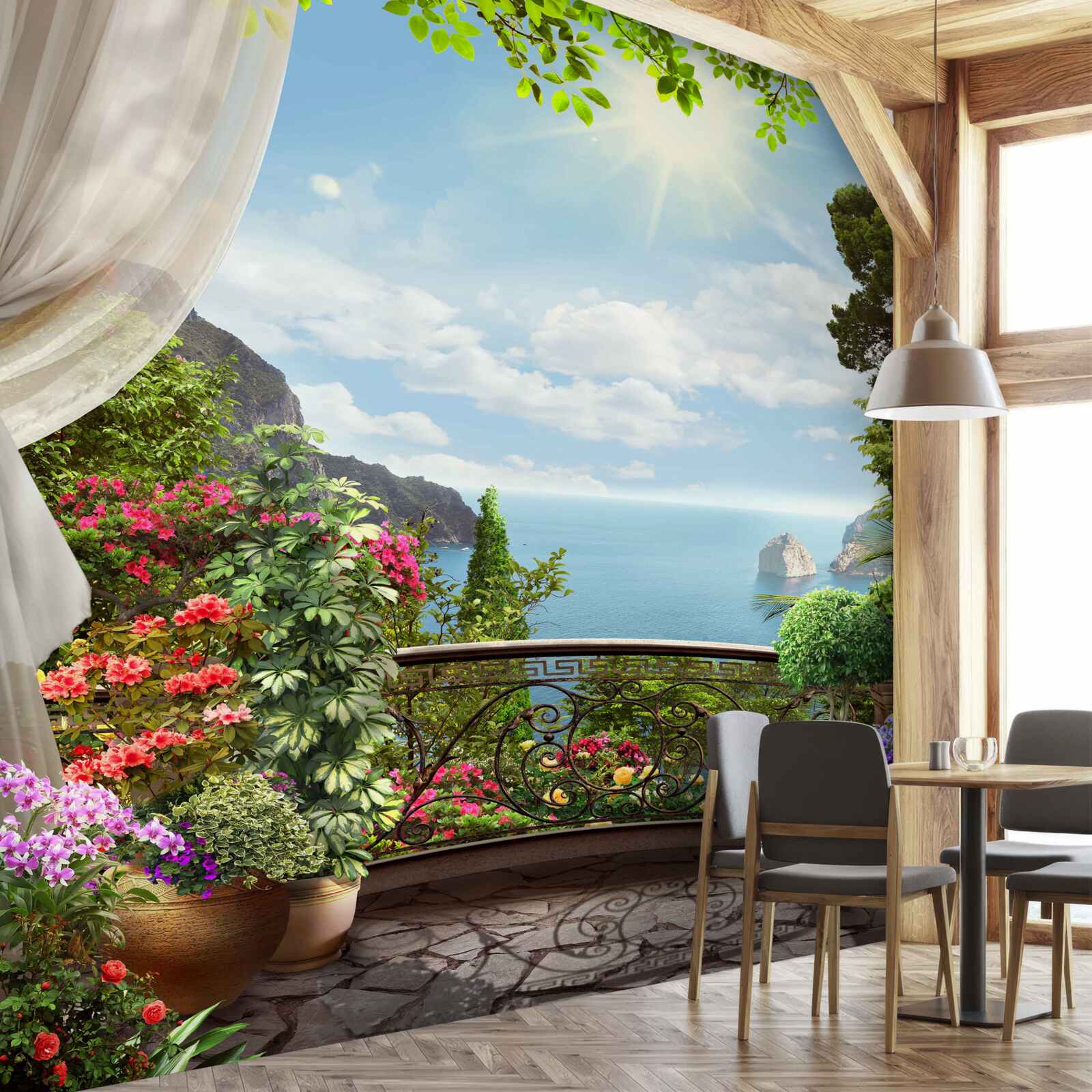 Fotobehang vanaf het balkon kun je de oceaan zien die zich uitstrekt tot aan de horizon en de steile kliffen