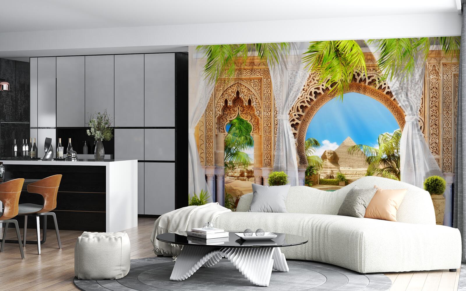 Fotobehang ronde bogen in oosterse stijl met een prachtig uitzicht