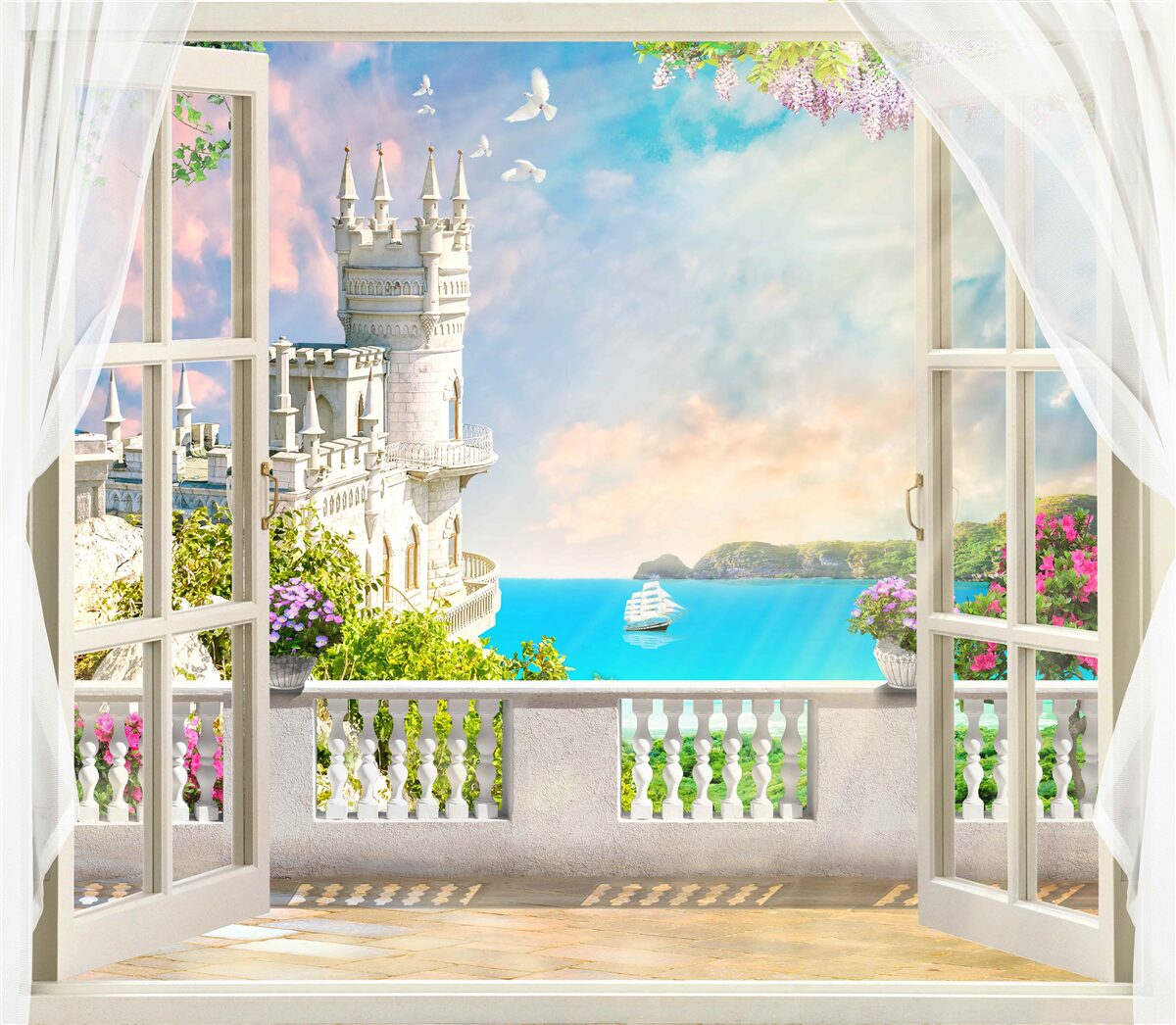 Fotobehang terras bij het zwaluwnestkasteel aan de kust