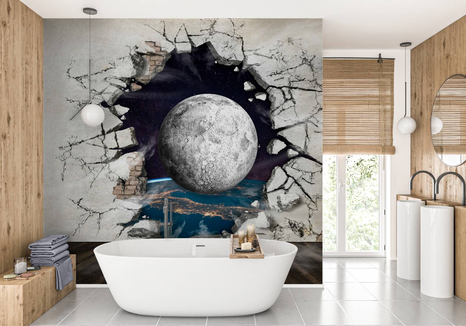 Fotobehang witte muur gescheiden door de maan