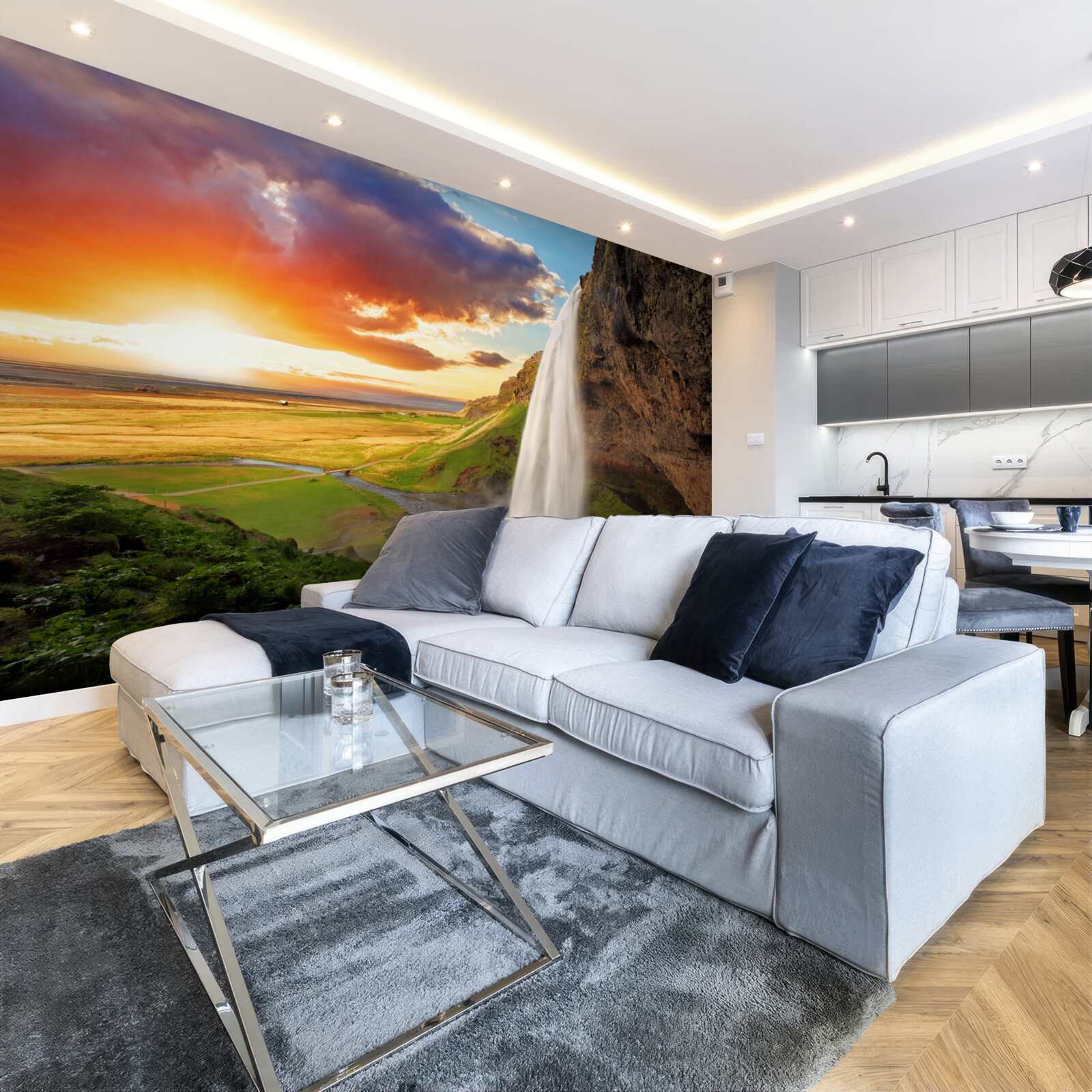 Fotobehang regenwoud ontvangt waterstromen van een hoge waterval