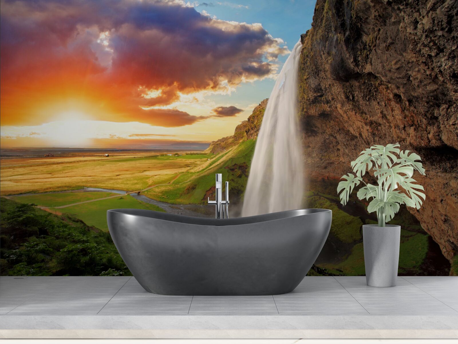 Fotobehang regenwoud ontvangt waterstromen van een hoge waterval