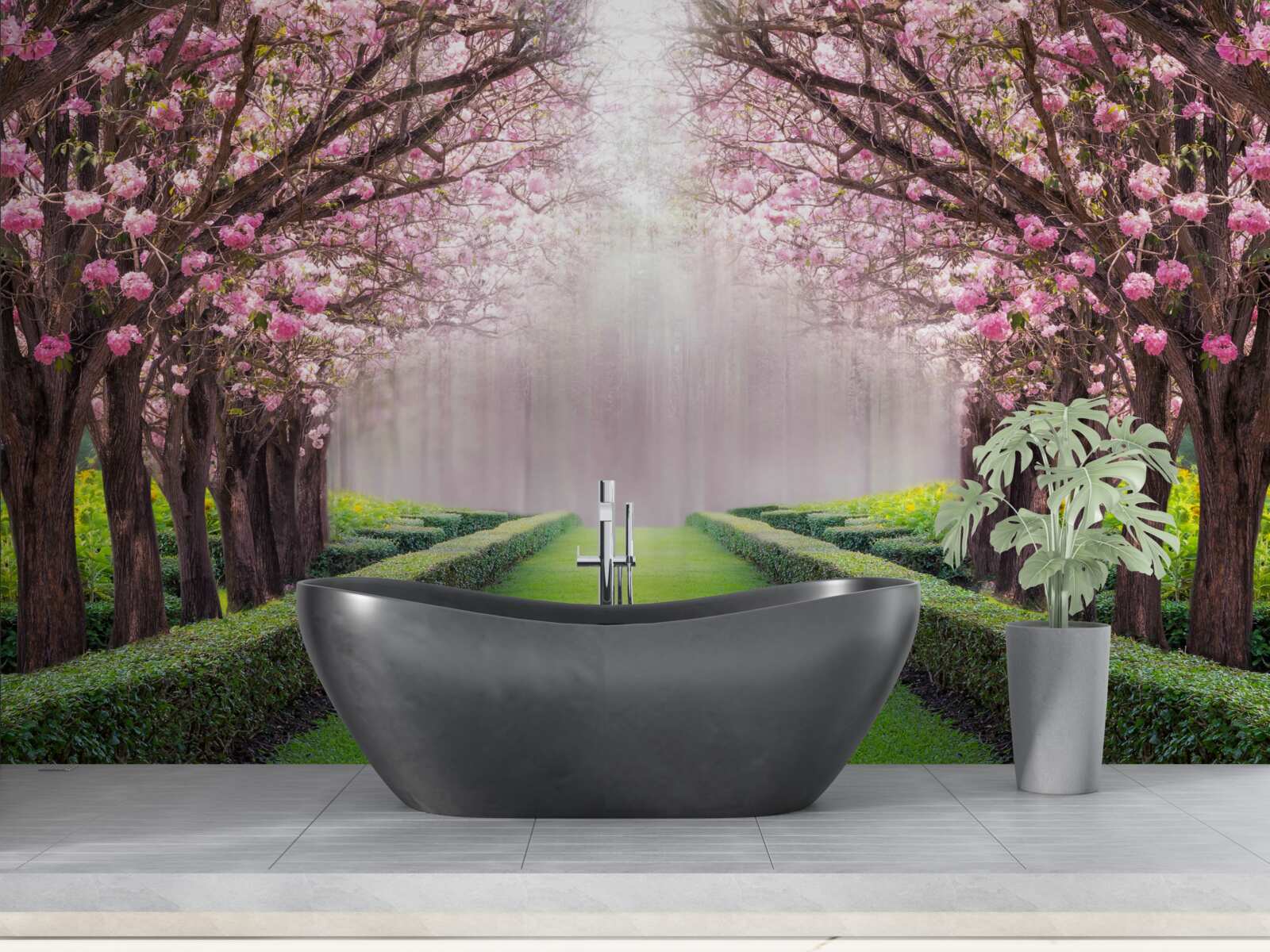 Fotobehang nette laan met groen en kersenbloesems