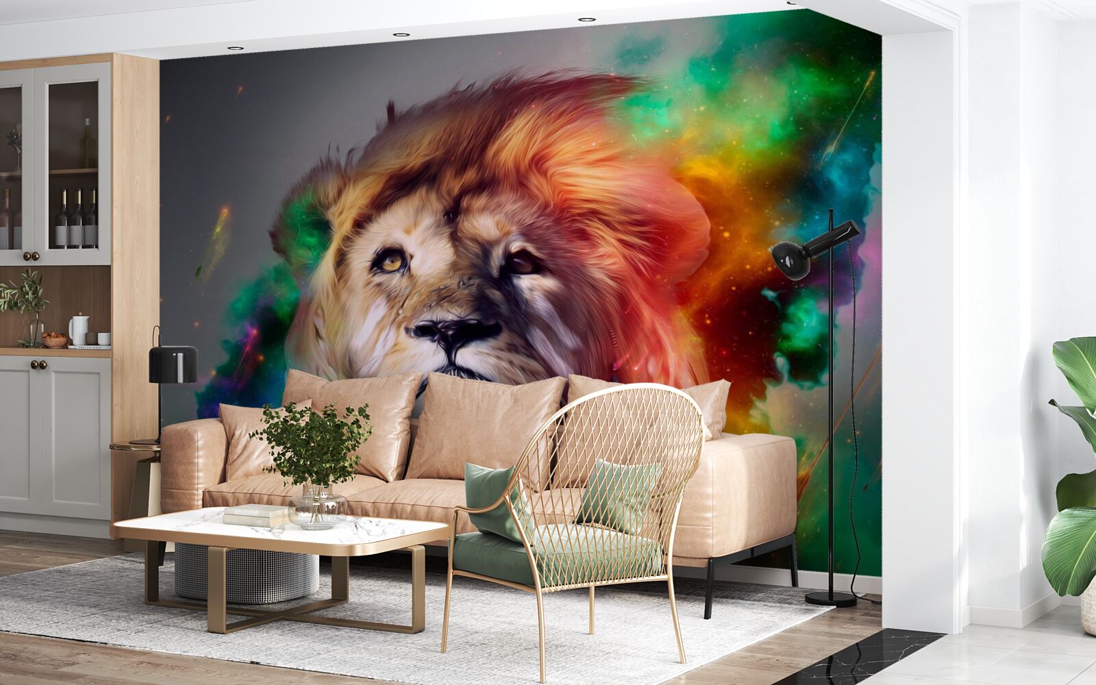 Fotobehang abstract met leeuw in felle kleuren en zijn opvallende manen