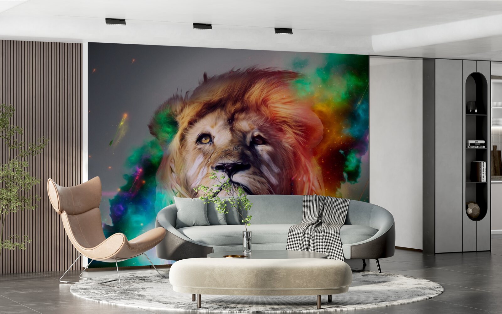 Fotobehang abstract met leeuw in felle kleuren en zijn opvallende manen