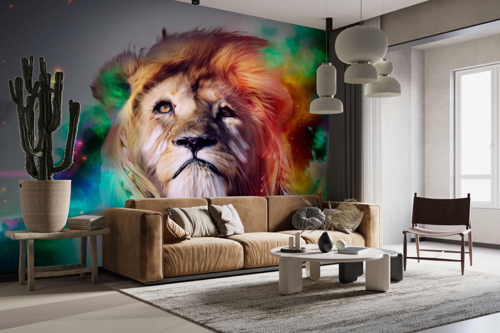Fotobehang abstract met leeuw in felle kleuren en zijn opvallende manen