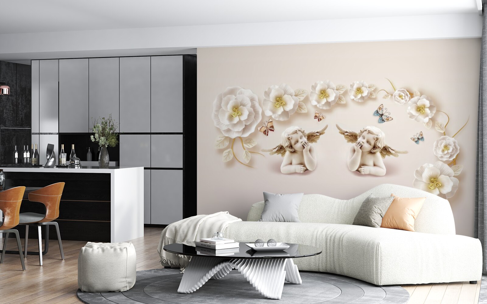 Fotobehang compositie van vlinders en witte knoppen