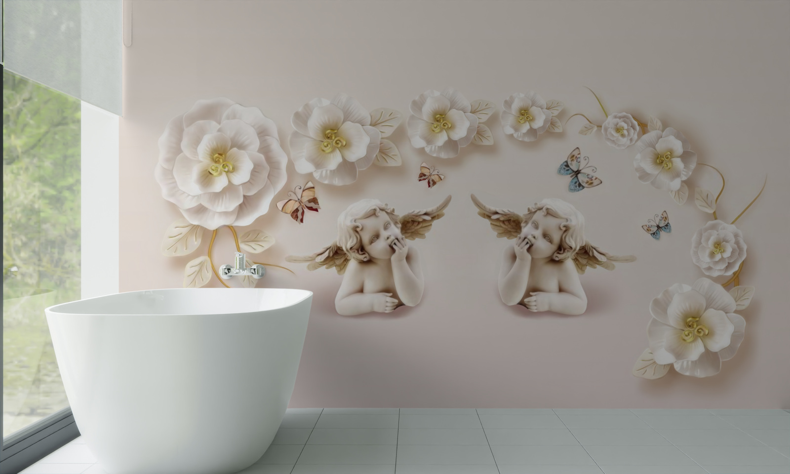 Fotobehang compositie van vlinders en witte knoppen