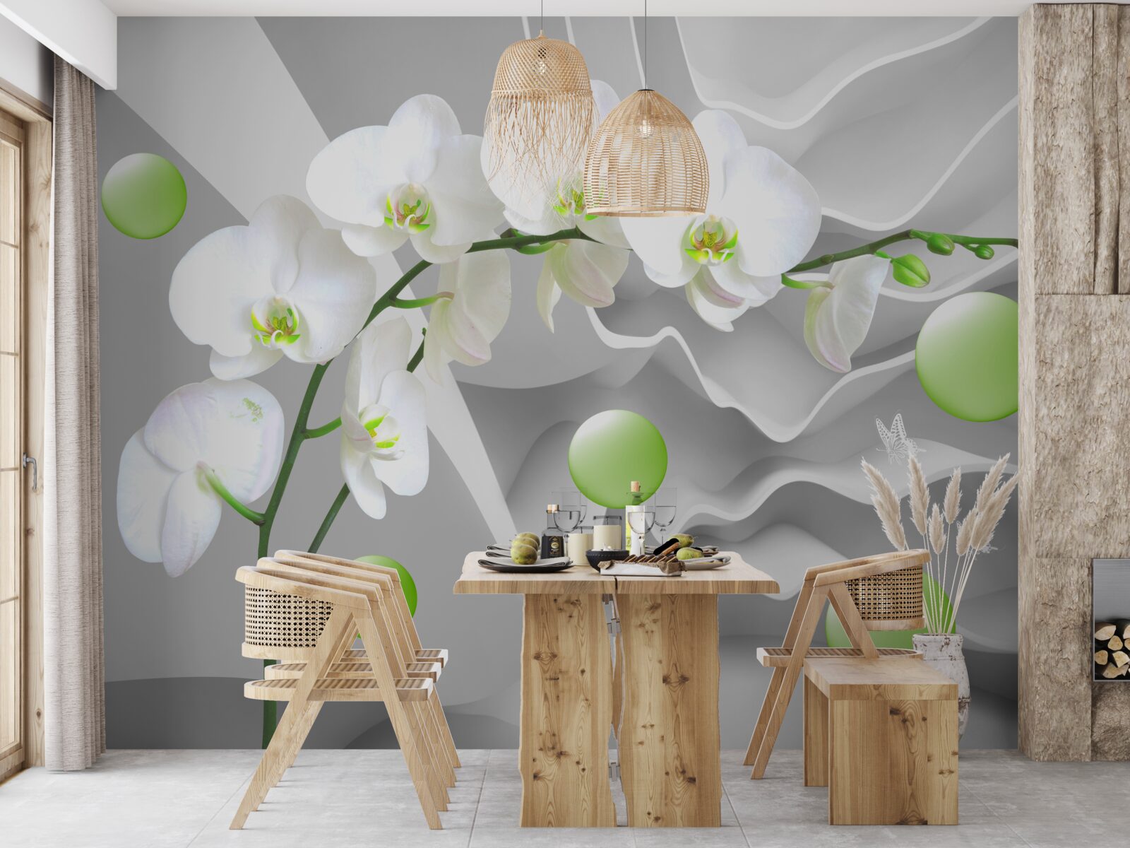 Fotobehang stiekem drijvende groene ballen en bleke orchidee