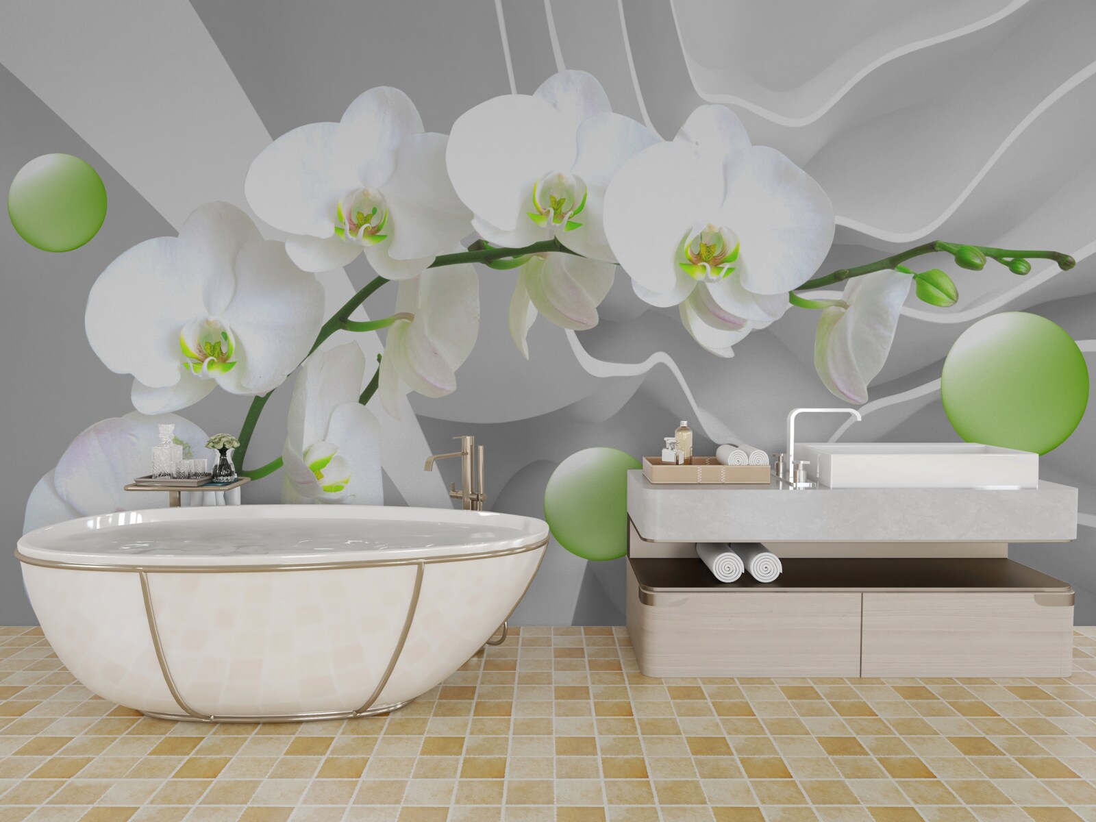 Fotobehang stiekem drijvende groene ballen en bleke orchidee