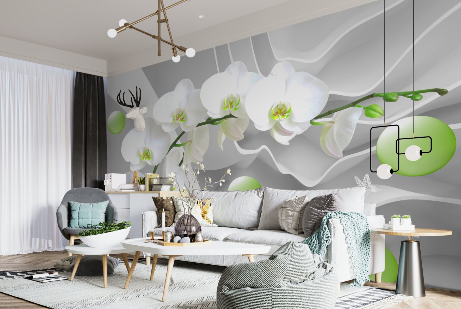 Fotobehang stiekem drijvende groene ballen en bleke orchidee