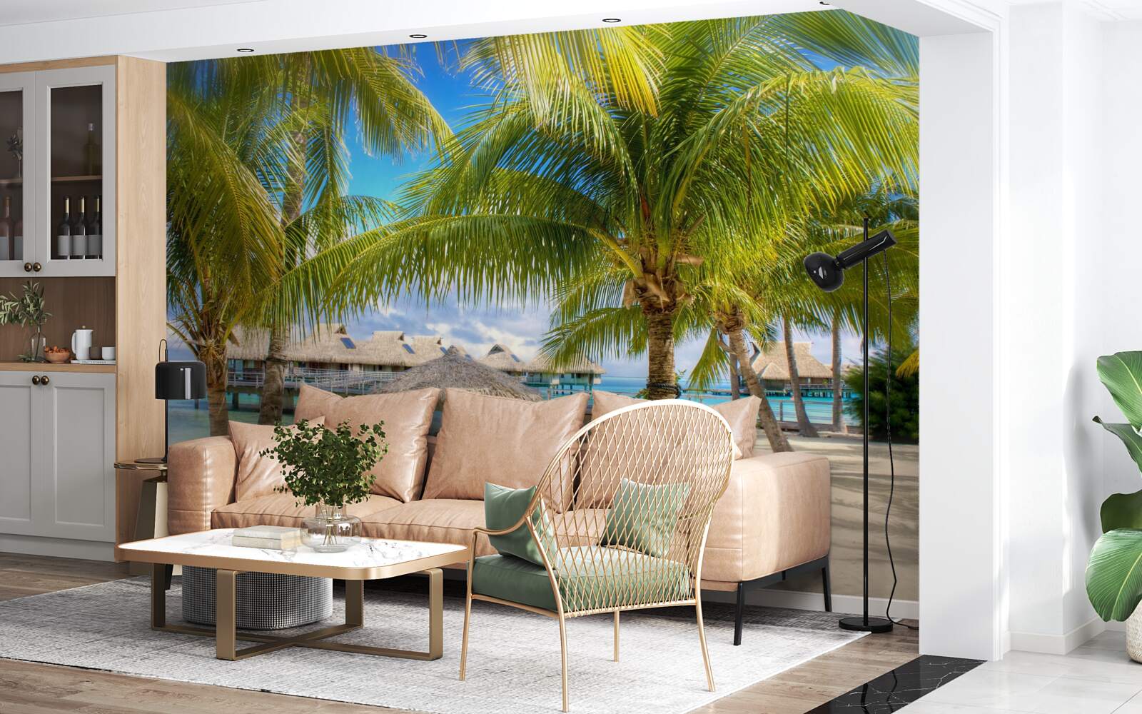 Fotobehang weelderige palmbomen en paviljoens langs de kust