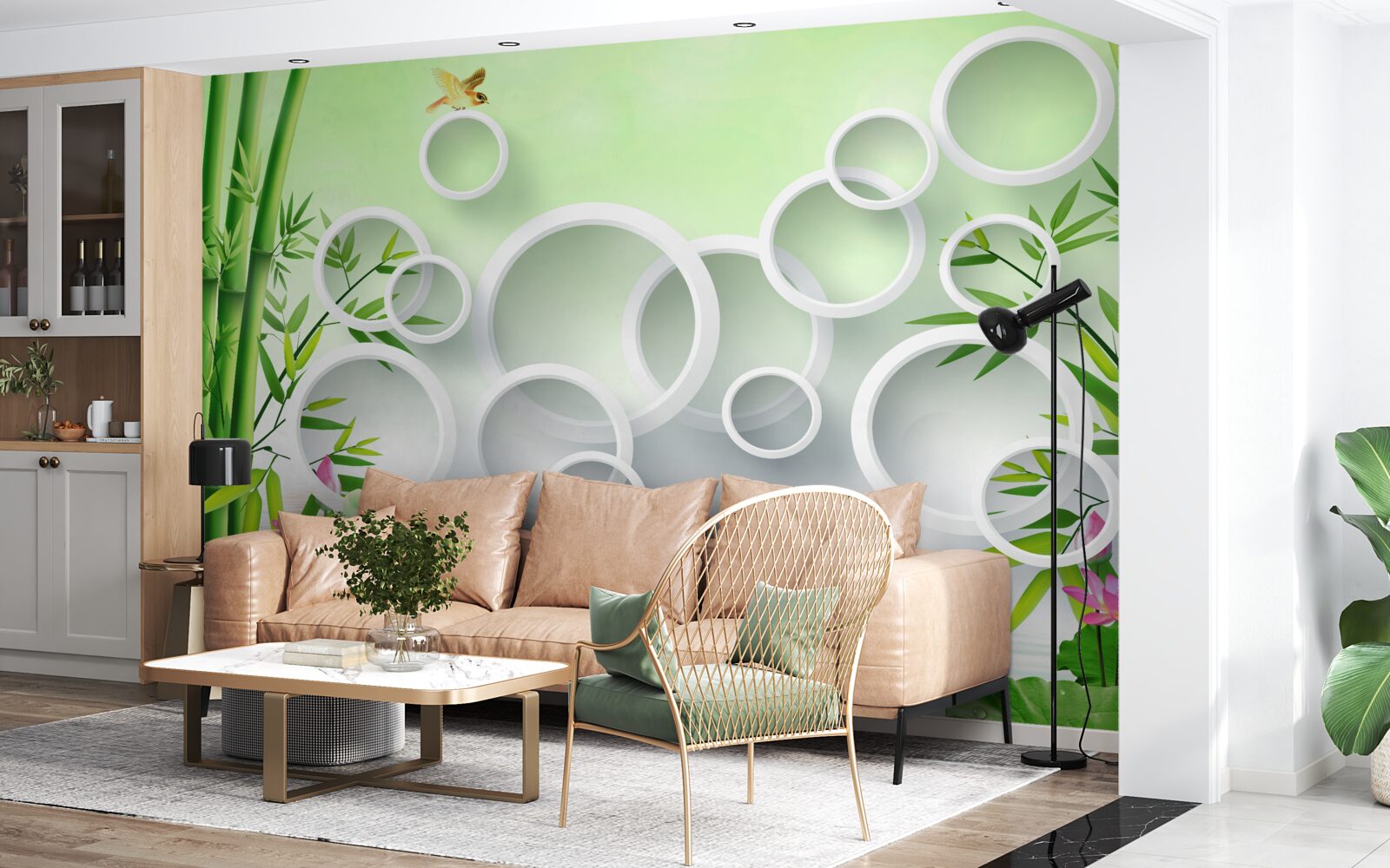 Fotobehang slanke groene bamboe en witte cirkels