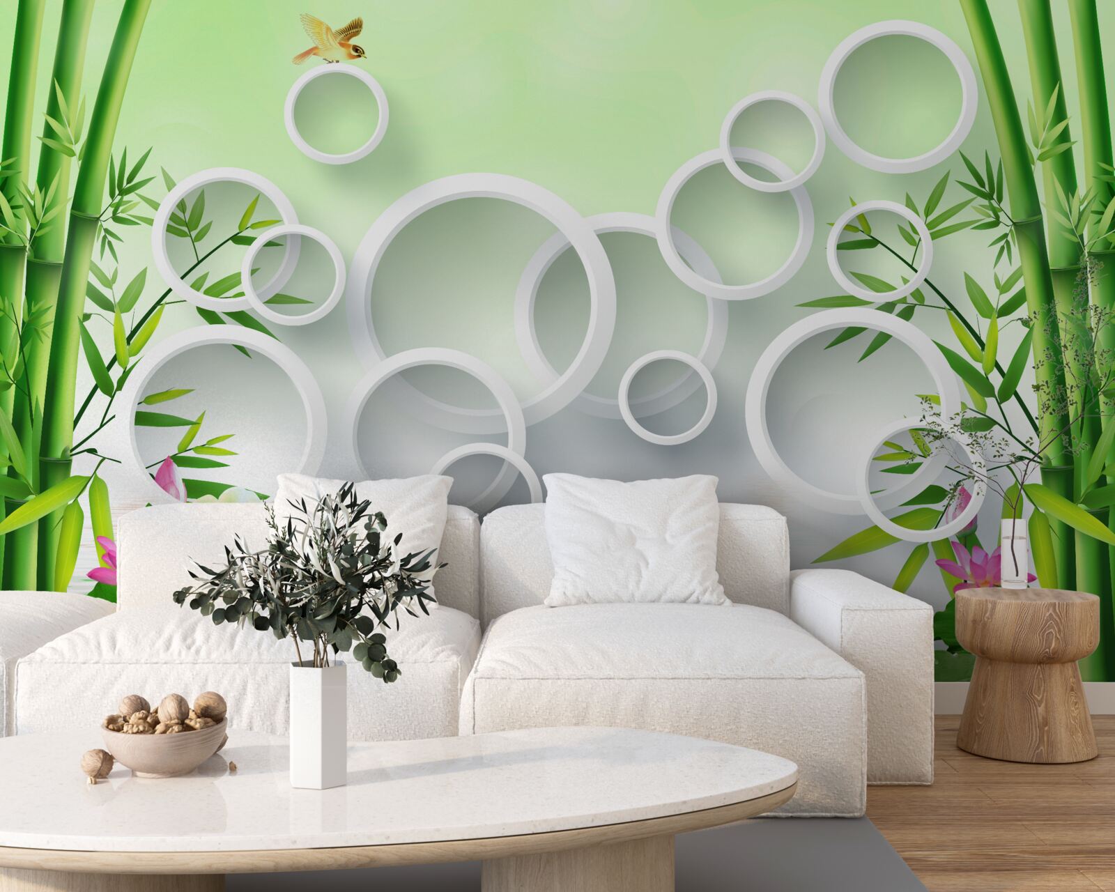 Fotobehang slanke groene bamboe en witte cirkels