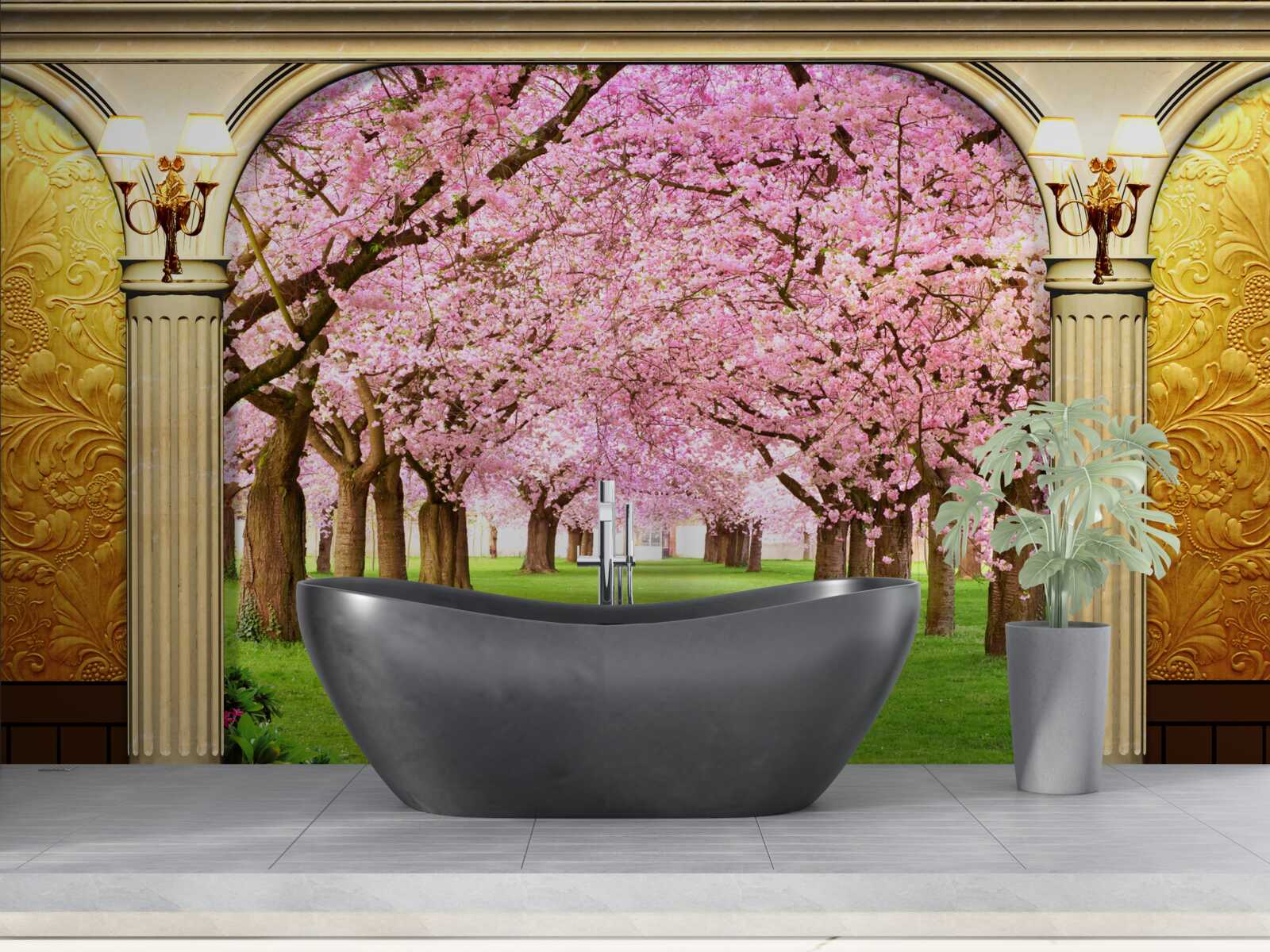 Fotobehang gewelf naar sakura laan