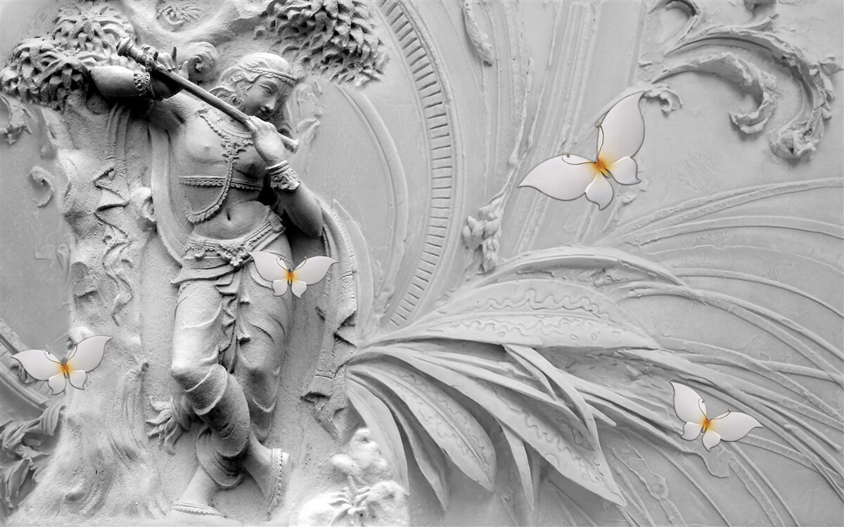 Fotobehang bas-reliëf met bloemen en witte vlinders