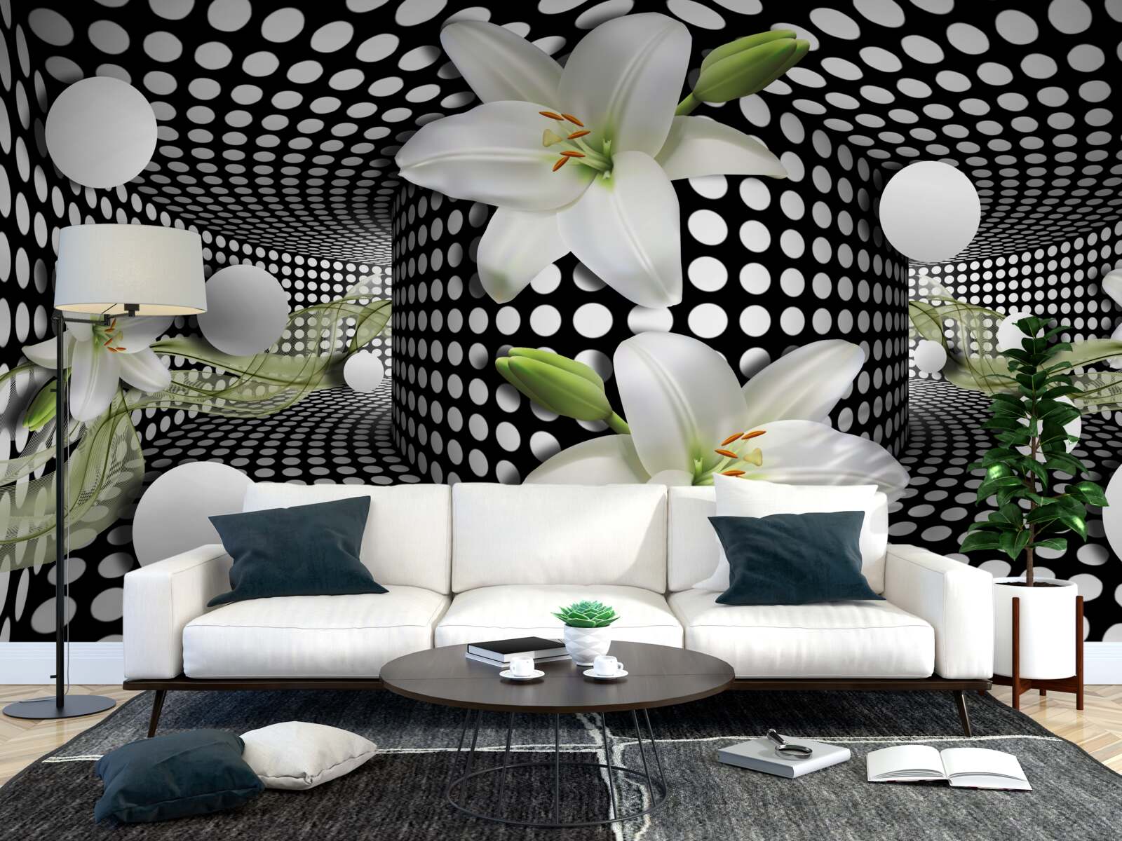 Fotobehang witte lotussen in een abstracte gang