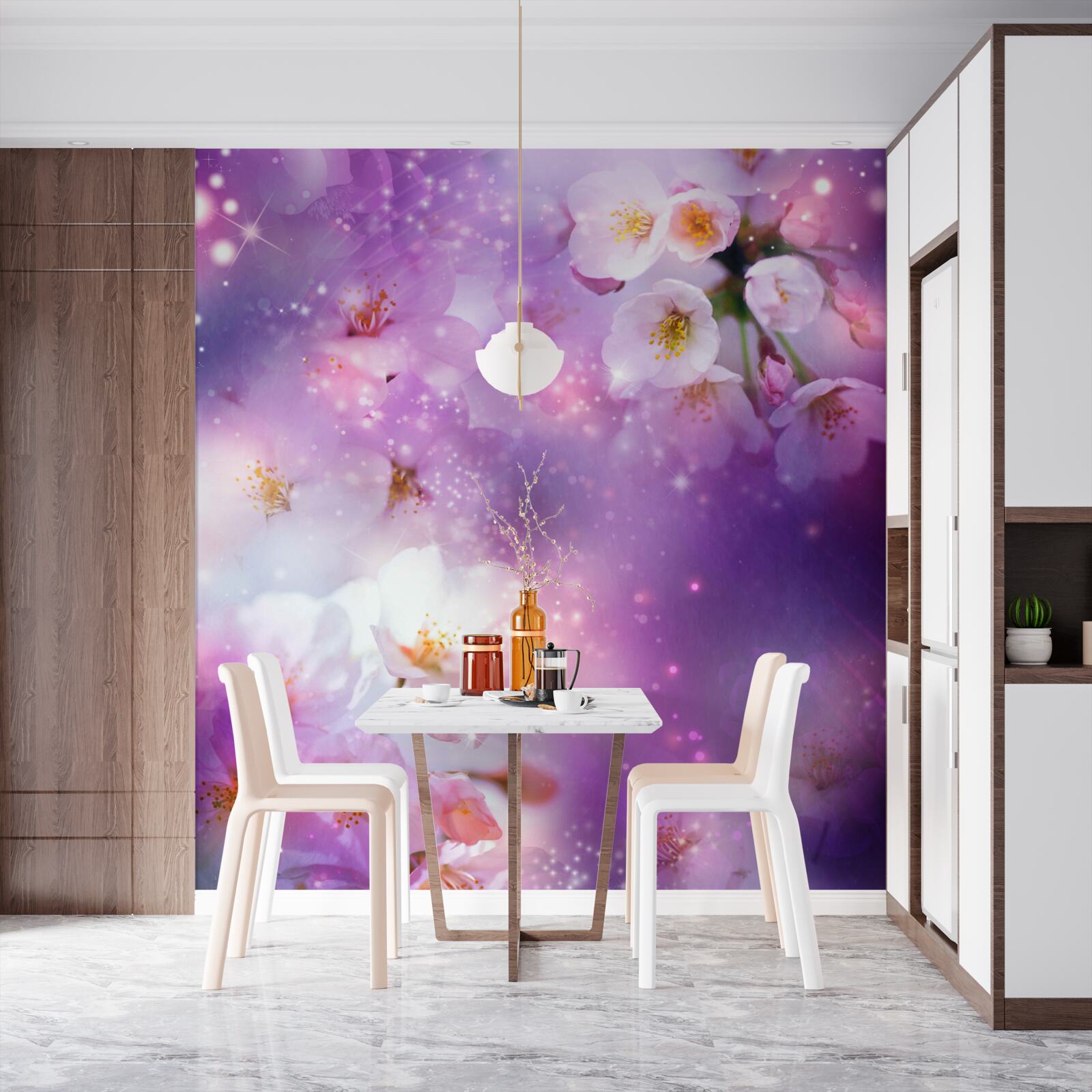 Fotobehang heldere bloemen op een lila achtergrond
