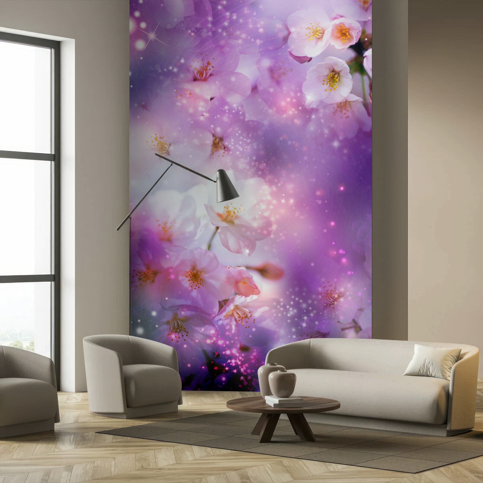 Fotobehang heldere bloemen op een lila achtergrond