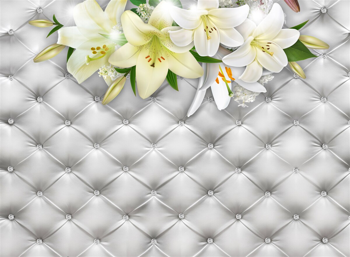 Fotobehang stof met parels in een wit bloemenpatroon