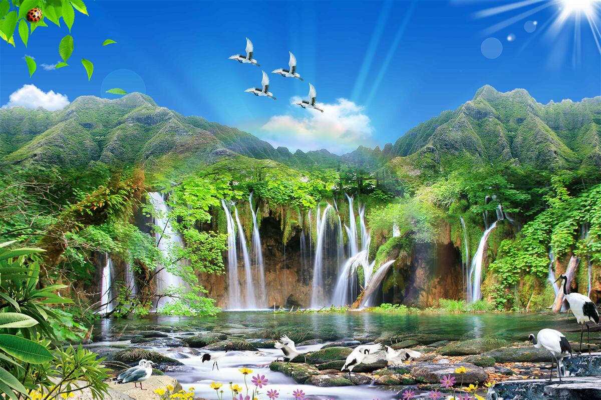 Fotobehang vogels vliegen over watervallen in tropische gebieden