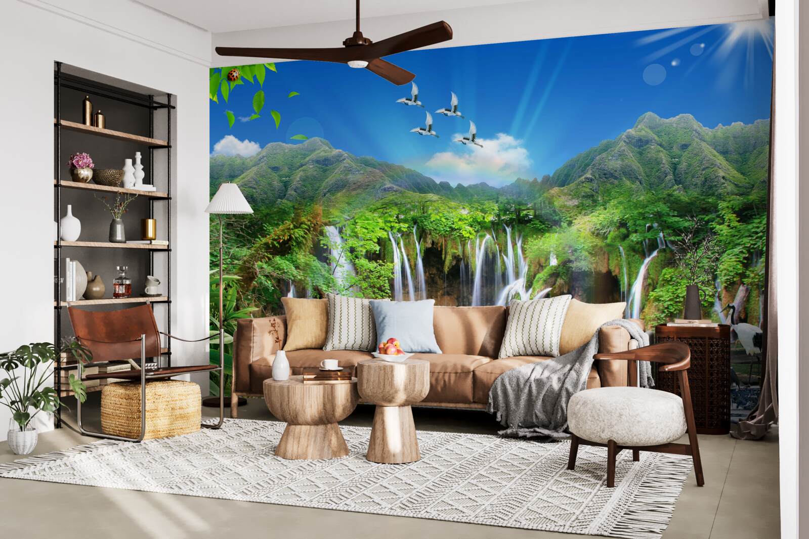 Fotobehang vogels vliegen over watervallen in tropische gebieden