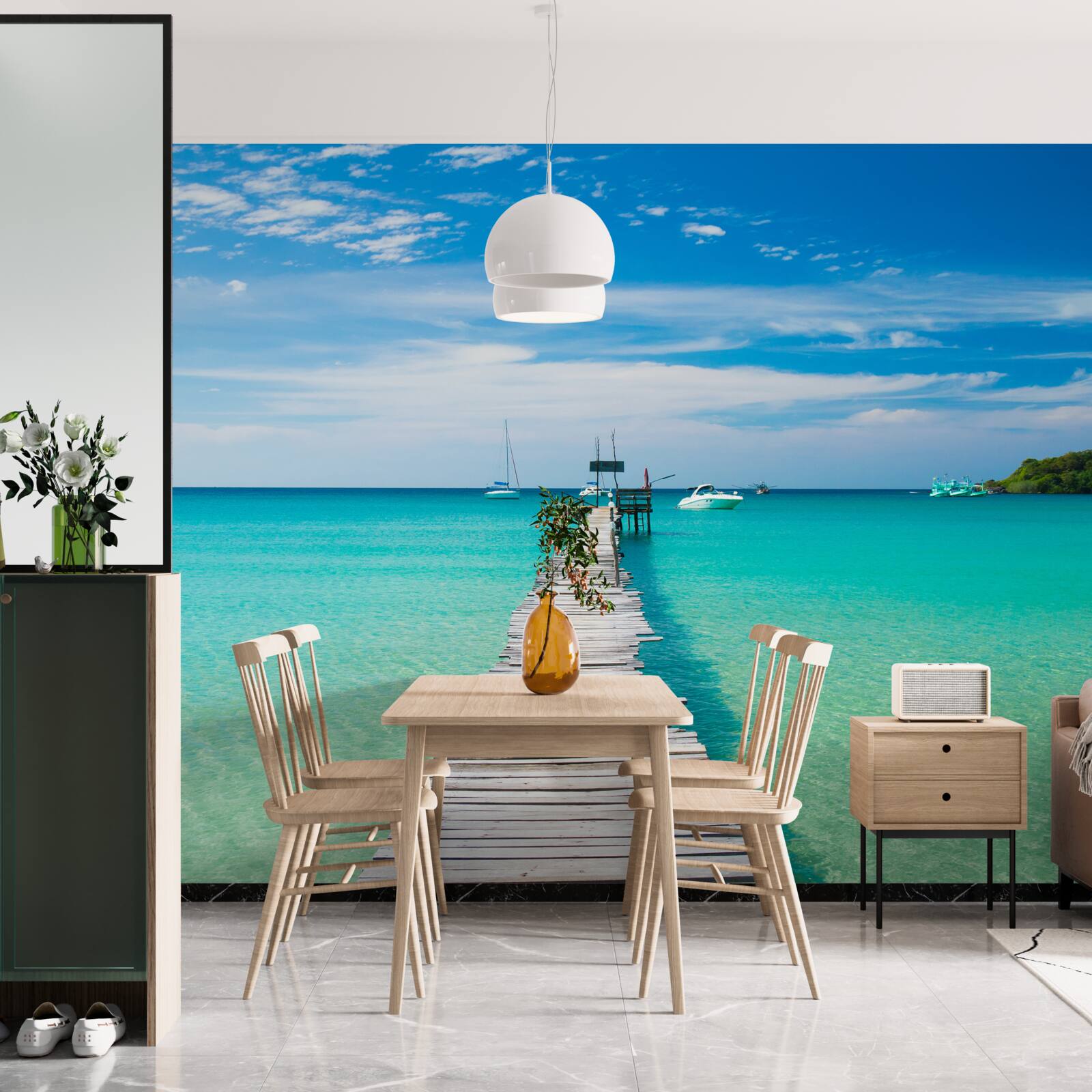 Fotobehang houten brug over turquoise water
