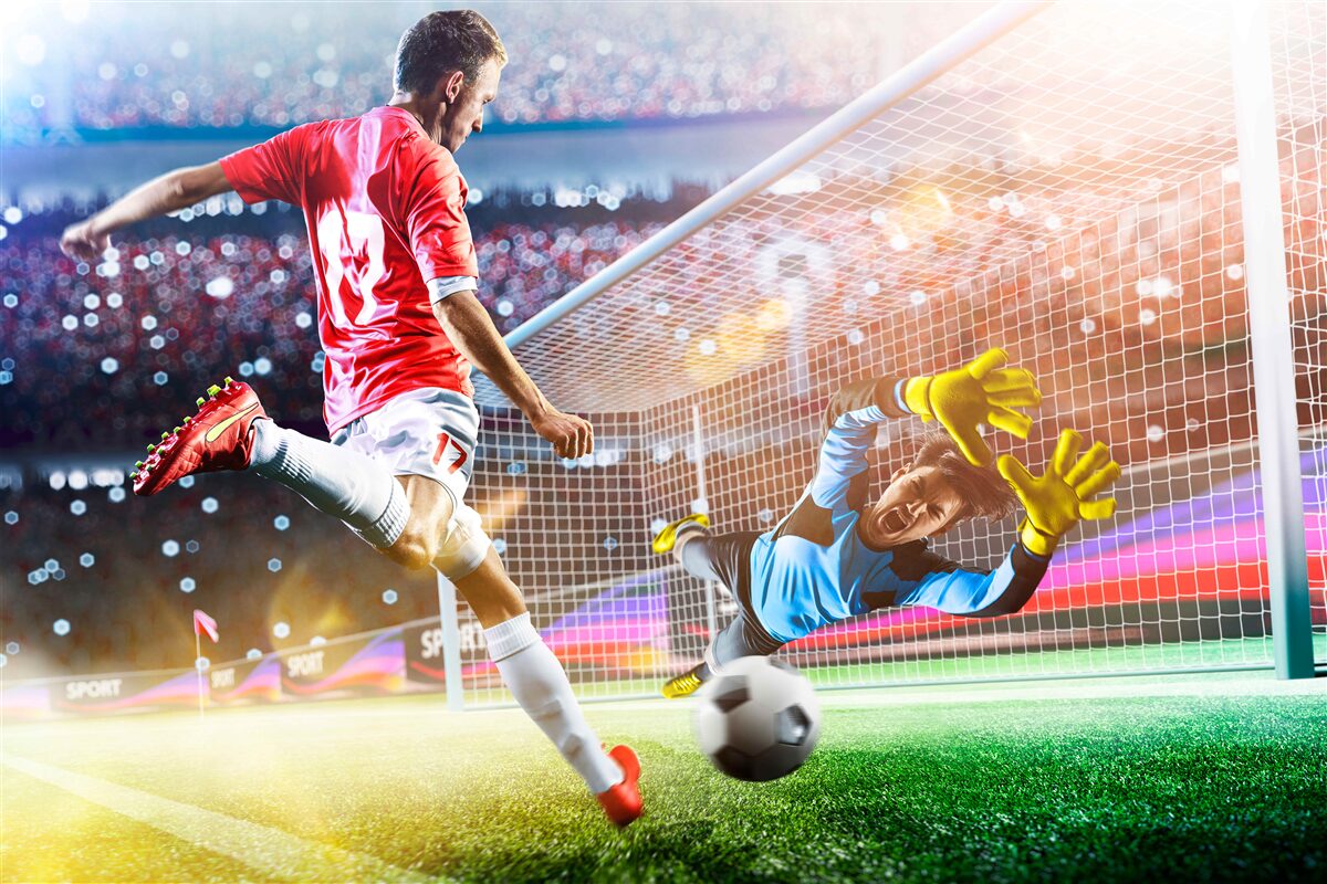 Fotobehang speler schiet op doel
