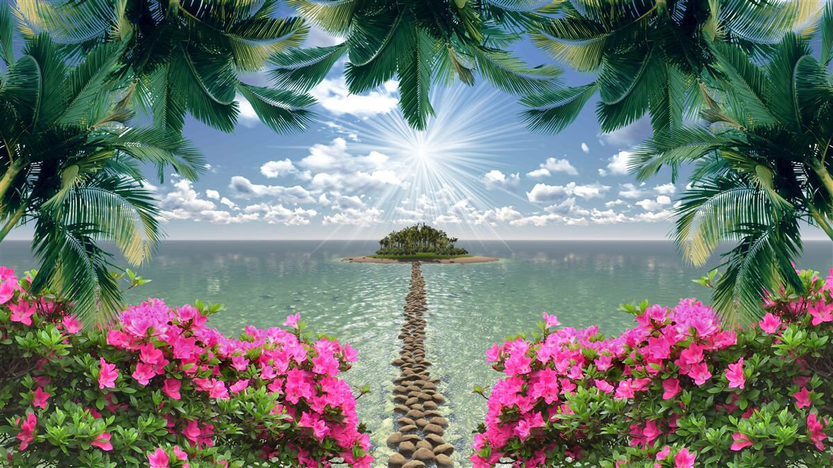 Fotobehang stenen pad naar een eiland in de oceaan
