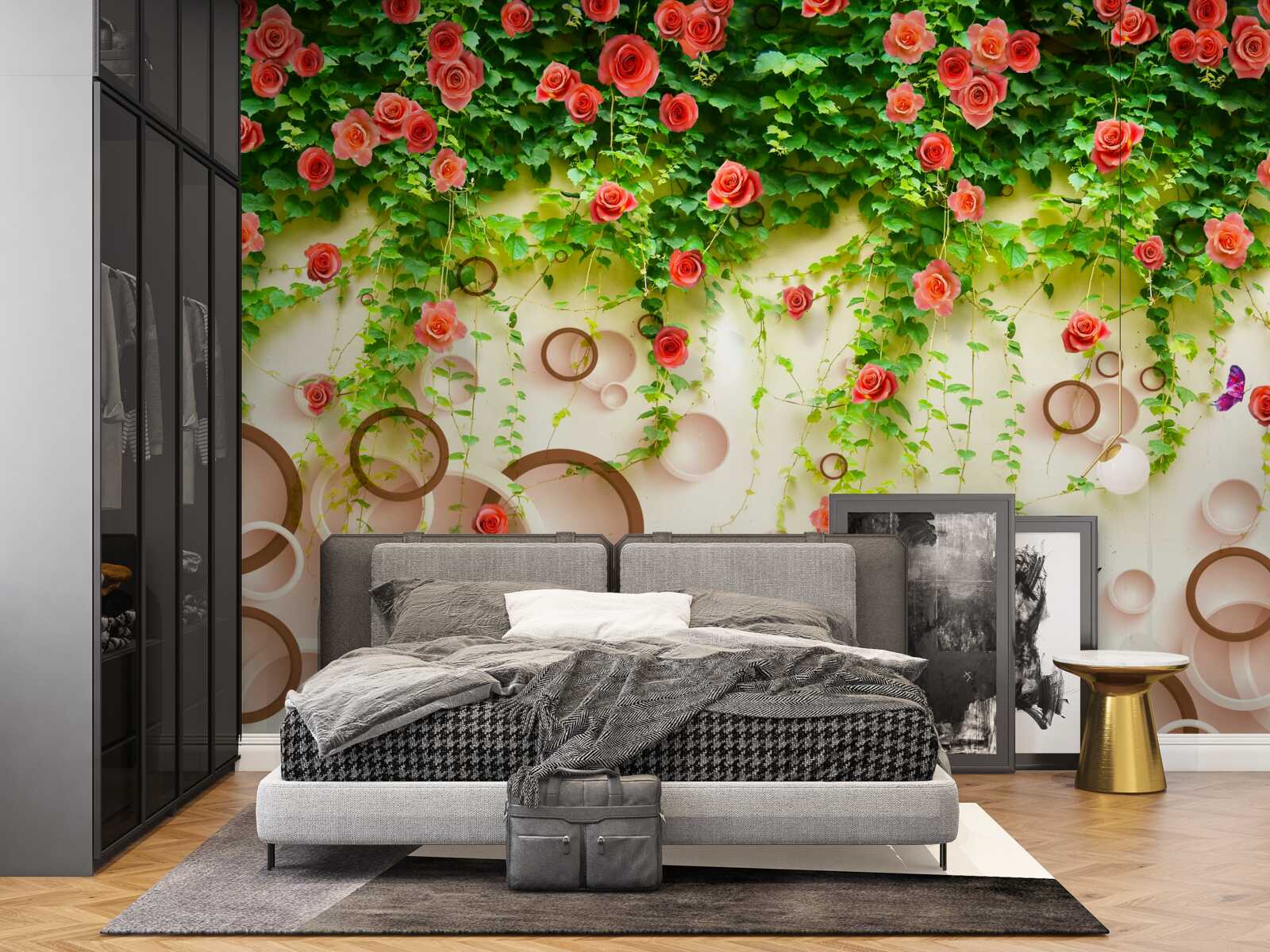 Fotobehang roze rozen aan de wijnstok